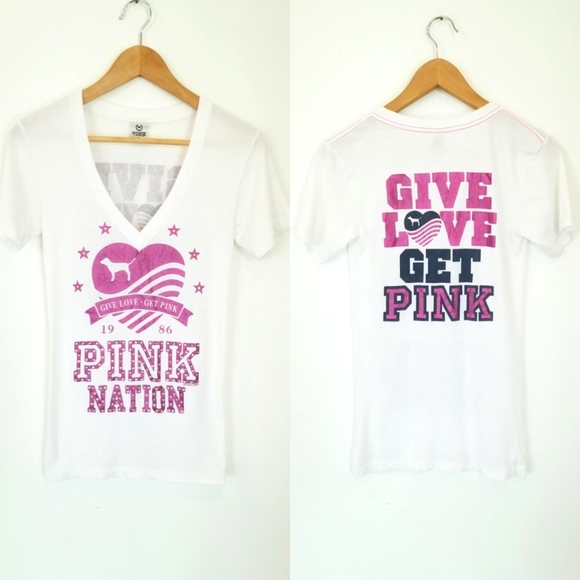 Victoria's Secret PINK Vintage Rhinestone Crystal Give Love V Neck Tee Shirt EUC - Picture 2 of 9